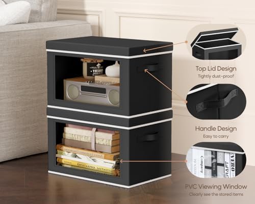 Homsorout Collapsible Storage Bins with Lids - Stackable Storage Containers with Window, 3 Pack Fabric Bins for Closet, Home & Office Organization Baskets, Black, 14.9" x 9.8" x 9.8"
