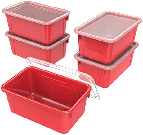 Storex Small Cubby Bins – Plastic Storage Containers for Classroom with Non-Snap Lid, 12.2 x 7.8 x 5.1 inches, Red, (62407U05C) (Pack of 5)