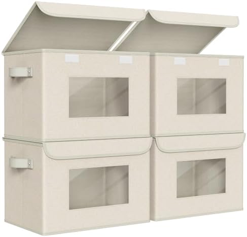 Univivi Collapsible Stackable Storage Bins with Lids, 4 Pack, Beige