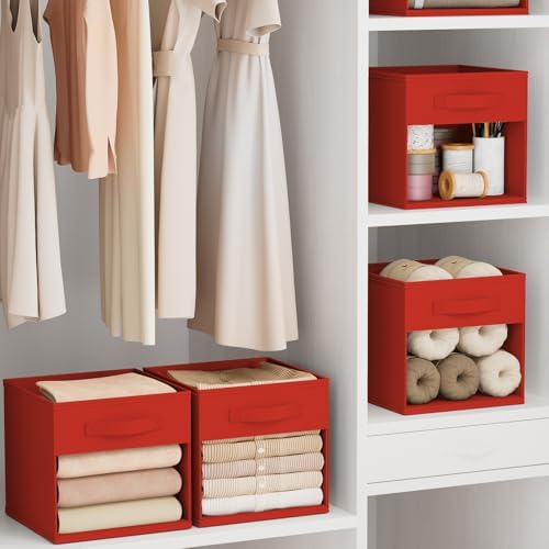 DIMJ Cube Bins, 12.2-Inch Storage Bins Cubes with Window, 6 Packs Collapsible Storage Bins with Handles, Closet Storage Baskets for Organizing Living Room, Office, 6 Pack,Red