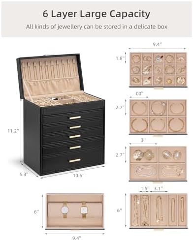 VLANDO Large Jewelry Box, 6 Layer Storage Organizer, Removable Dividers