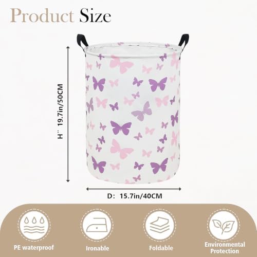 Round Fabric Collapsible Storage Basket with Handles, Purple Butterfly