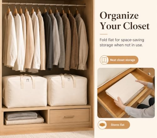 DoYiKe Soft Large Canvas Comforter Storage Bags with Four Carrying Handles and Clear Window, Closet Organizer for Clothing, Blankets Sheets Pillows and Bedding, 80L, 3 Pack, Beige
