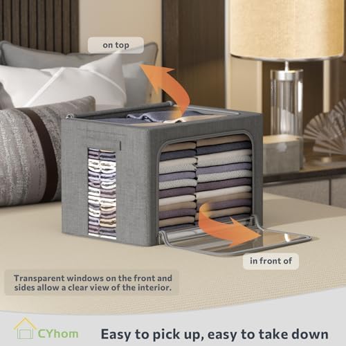 Clothes Storage Bins Box - Linen Fabric Foldable Stackable Container Organizer Set with Clear Window & Carry Handles & Metal Frame - 2Pack Large Capacity for Bedding, Blankets, Books