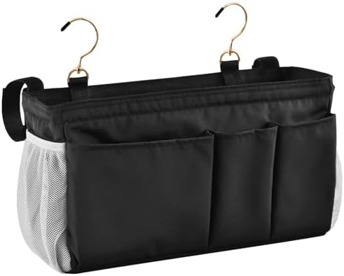 Black Bedside Caddy Storage Bag Bedside Organizer for Bed Rails College Dorm Room Organizer Caddy Hanging Shelf 6 Pockets with Hooks for Drinks Magazine Phone Holder