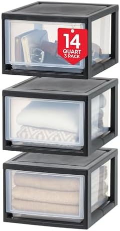 IRIS USA 6 Pack Plastic Drawer Storage Organizer, Stackable Unit with Sliding Drawers for Kitchen, Bathroom, Bedroom, Office, 14.5 Quart, Black