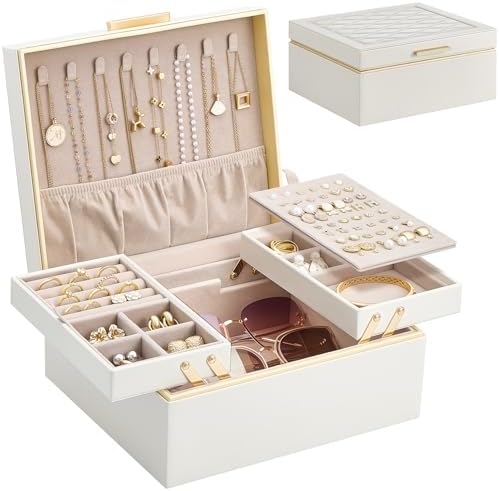 Lolalet Jewelry Box for Women Girls, 2 Layer Jewelry Organizer -Cream