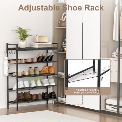 Shoe Rack for Front Door Entrance, 4 Tier Height-Adjustable Metal Shoe Rack, Sturdy Wooden Top and Tiltable Steel Frame Heavy Duty Shoe Organizer for Bathroom,Bedroom,Kitchen, Include Hook, Black