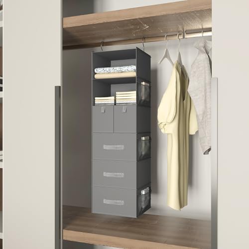 6-Shelf Hanging Closet Organizer with 5 Drawers, Non-Woven Storage, Gray | Spacious compartments sort clothes & undergarments; foldable drawers add hidden storage for closets, wardrobes or RVs.
