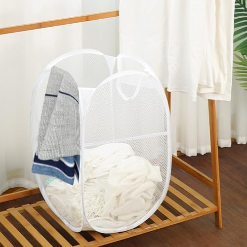 Larpur Pop Up Laundry Basket, Collapsible White Mesh Clothes Hamper Storage | Foldable Laundry Hamper with Reinforced Portable Carrying Handles & Side Pocket for Home, Dorm, Travel, Cruise