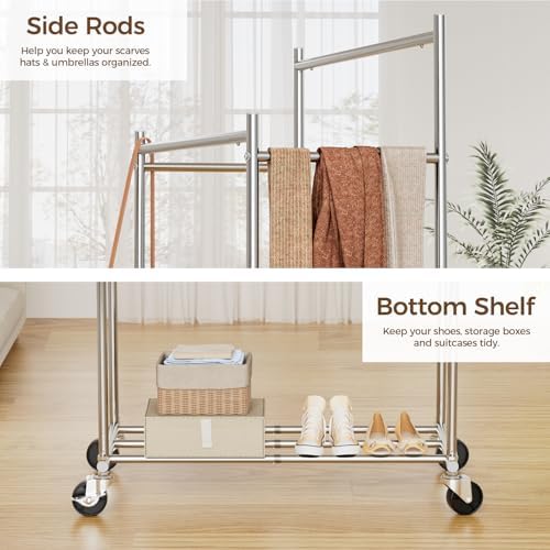 HYSEYY Clothes Rack,Double Rods Rolling Clothing Rack for Hanging Clothes load 400LBS,Portable Garment Coat Rack with Wheels Wardrobe Closet for Bedroom Laundry Room,Retail Store,Silver