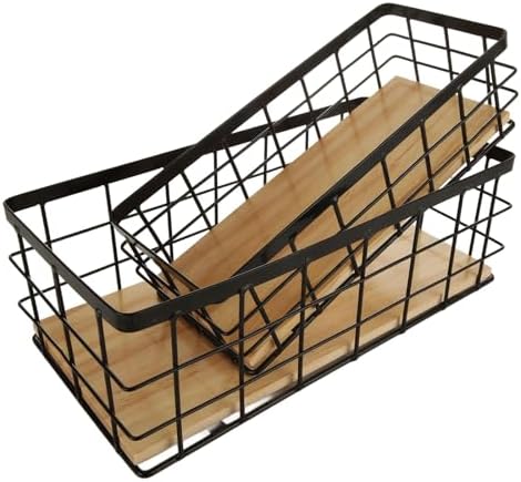 SENENQU 4 Pack Metal Wire Basket Detachable Wood Base Storage Organizer Farmhouse Bin for Kitchen Cabinets, Bathroom, Pantry, Laundry Room, Closets (Set of 4, Black)