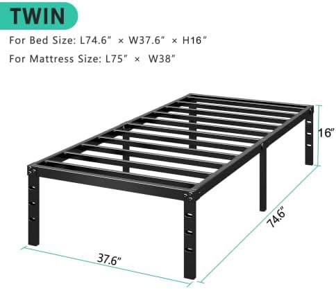 HLIPHA Metal Platform Bed Frame 16 Inch Tall,No Box Spring Needed,Twin Size Bed with Heavy Duty Strong Support Slats,Easy to Assemble,Black