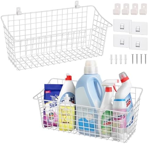 Large Wall Hanging Baskets 2 Set Rubber Coating Shelving Organizers(White) | Long Big Walll Baskets, Adhesive No-Drill Wall Storage, Rustproof Caddy for Shower, Kitchen, Laundry, Pantry, Cabinet, RV