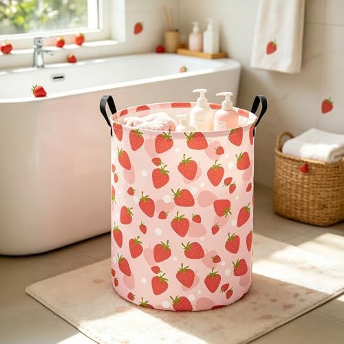 Round Fabric Collapsible Storage Basket with Handles, Strawberry