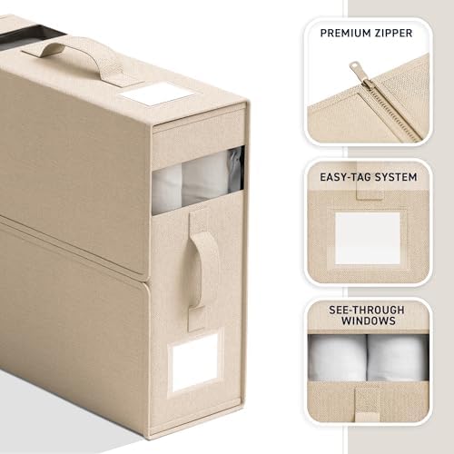 Ornavo Home Linen Bed Sheet Organizer Bins 4 Pack, With Handles, Khaki