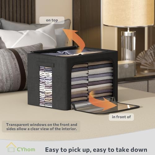 CYhom Extra Large Clothes Storage Bins Box - Linen Fabric Foldable Stackable Container Organizer Set with Clear Window & Carry Handles & Metal Frame (Black, Extra Large-100L)