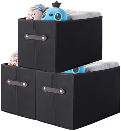 3 Pack Large Collapsible Storage Baskets for Shelves,14.9"x9.5" Fabric Closet storage Boxes with Leather Handles,Decorative Organizers Storage Bins for Clothes,Sheets,Toys,Books,(Black)