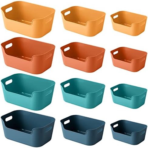 OWill 12-Pack Mixed Plastic Storage Bins and Baskets for Efficient Home Classroom Organization - Small Containers in Multiple Colors for Kitchen, Cupboard Box, Bathroom Organizer on Shelves and Tubs