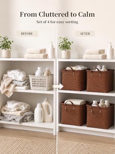 Wicker Storage Baskets, 4 Pack Woven Baskets for Shelves, Brown