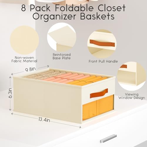 Homsorout Drawer Organizers and Storage - 8 Pack Foldable Pants Organizer with Clear Window & Handles, Fabric Closet Organizer for Clothes, Jeans, Sweaters, Towels, T-shirt, Scarf (Beige)