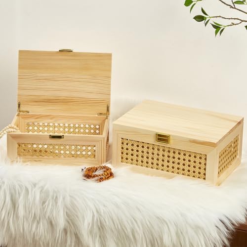 Decorative Rattan Storage Boxes Baskets with Lid Wooden Frame