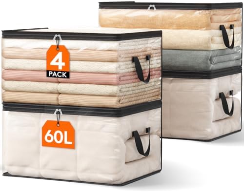 Lifewit 4 Pack Clear Clothes Storage Bags, 60L Plastic Blanket Vinyl Foldable Moving Bags with Zipper, Closet Organizers and Storage Containers for Bedding, Duvet, Pillow