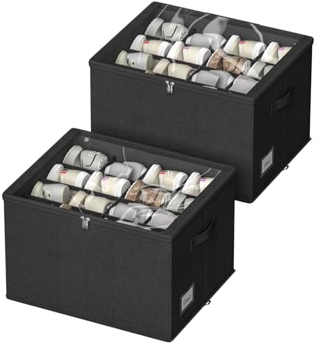 Shoe Organizer for Closet, 2 Pack Foldable Shoe Storage Box with Clear Cover and Adjustable Dividers, Stackable Storage Bins for Boots, Fits up to 32 Pairs (Black, 19.7 × 15.7 × 12.6 in)