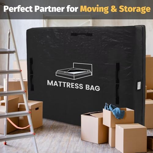 Mattress Bags for Moving and Storage, BETU Full Size Waterproof Mattress Protector Mattress Cover with 8 Heavy Duty Handles and Zipper Extra Thick Moving Supplies for Bed Reusable (77x57x13.5 Black)