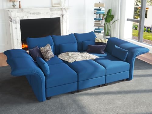 LLappuil Oversized Sleeper Sectional Sofa Couch, 102.2" 6-Seater Bed Shaped Modular Sectional Sofa with Storage Chaise, High Back Recliner Velvet Couches, Anti-Scratch Blue