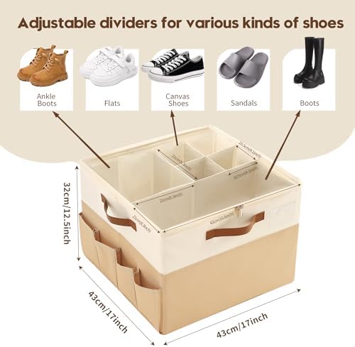 Varhomax Shoe Organizer Box for Closet, Fabric Shoe Storage Bin with Adjustable Dividers & Clear Cover, Holds up 16-32 Pairs of Sneakers & Sandals for Entryway, Cubby