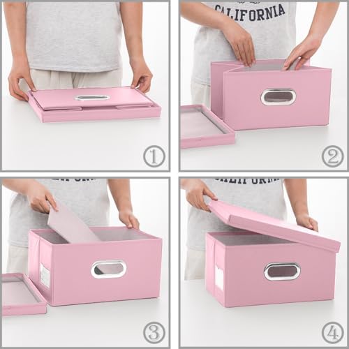 PRANDOM Collapsible Storage Box with Lid [3-Pack] Leather Fabric Foldable Storage Bin Organizer Container Basket Cube with Cover for Home Bedroom Closet Office Nursery Pink(13.6x9.6x6.9)