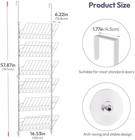 SWTYMIKI Over the Door Shoe Organizer - Adjustable 6 Tier Hanging Shoe Rack Organizer, Metal Heavy Duty Behind Door Storage or Wall Mount Shoes Shelf for Flats, Heels, Sneakers, Boots