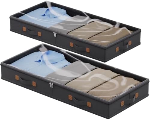 FHSQX Under Bed Storage Container 2Pack 3 Inches Low Profile Under-bed Organizer Bins Slim Under Couch Storage Box Ideal For Seasonal Clothes Blankets Towel Fabric (2, Black, 31.5 * 17 * 3in)