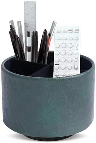Round Leather Art Supply Organizer,Remote Control Holder,360 Degree Spinning,Multi-Functional Pencil Holder,4 Compartments Desktop Stationary Organizer(1-Crazy Green)