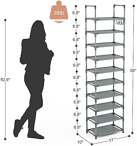 LANTEFUL 10 Tiers Tall Shoe Rack 20-25 Pairs Boots Organizer Storage Sturdy Narrow Shoe Shelf for Entryway, Closets with Hooks, Grey