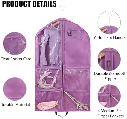 2 Pack Garment Bags for Travel,Dance Costumes Bag,40Inch Garment Bag for Dancers,Kids Cheer Uniform Garment Bags for Hanging Clothes,Dance Recital Bags for Girls,Purple