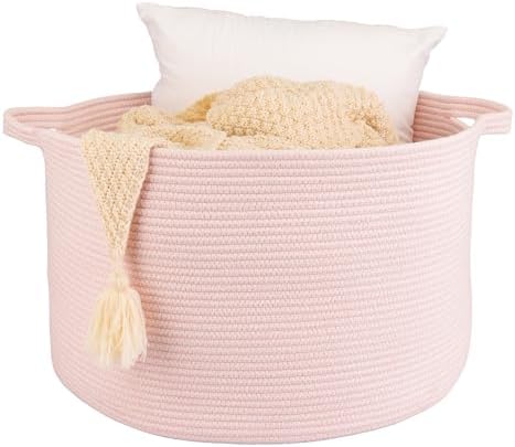 XUANGUO Extra Large Cotton Rope Round Storage Basket 22" x 14" Pink | Woven basket for blankets, toys, towels, laundry, nursery, living room and pet toy storage.