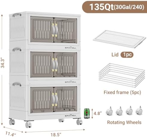 BROVIEW 135Qt Stackable Storage Bins with Lid for Home Dorm, 3Pack White