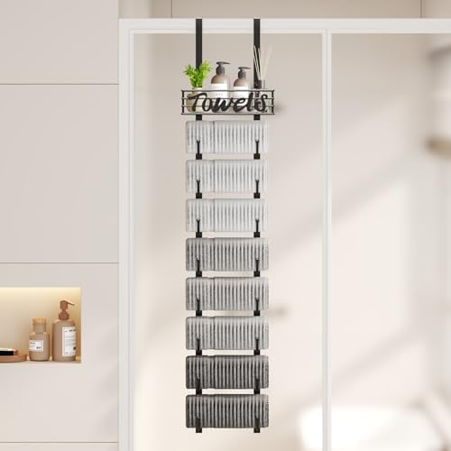 SWTYMIKI Hanging Towel Racks for Bathroom - 9 Tier Over the Door & Wall Mounted Bath Rolled Towel Storage Organizer Holder for Small Bathroom, RV, Camper, Black (Patented)