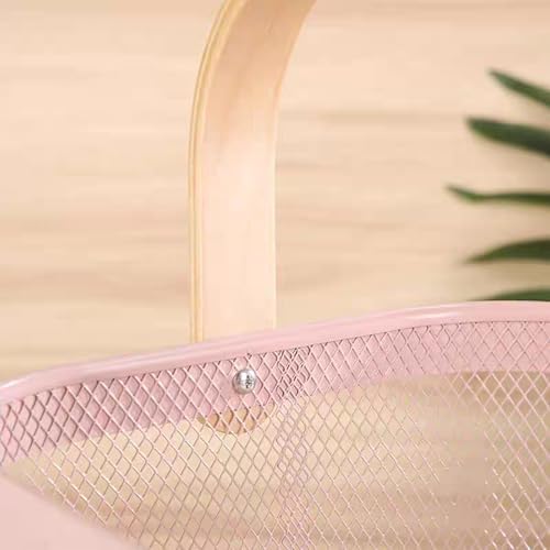 AJIODA Metal Mesh Wire Basket, Small Steel Basket with Wooden Handle Storage Organizer Basket Multi-functional Hanging Kitchen Baskets Fruit Baskets for Kitchen Bathroom Cabinet Pantry Snacks, Pink