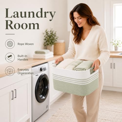 19.2GAL Sturdy Large Laundry Basket with Handles for Bathroom, Dorm Dirty Clothes, Portable Aesthetic Boho Cute Woven Storage Blanket Baskets for Living Room Decor Girls Boys Pets Toys White Green