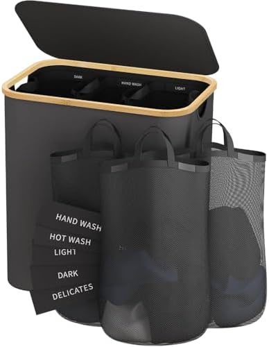 160L Laundry Hamper with Lid, 3 Section Laundry Basket with 3 Removable Bag | Clothes Hampers for Laundry with Bamboo Frame Handle, Large Dirty Clothes Hamper for Laundry Room, Bathroom, Bedroom, Grey