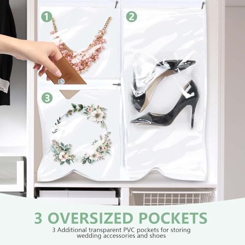 72" Long Wedding Dress Garment Bag Cover for Gowns Women with 10'' Gusseted Dress Bags 4 Pocket (White 2 Pack)