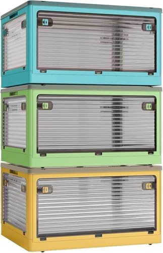 3-Pack 50L Stackable Storage Bins with Lids and Wheels, Foldable Storage Boxes Collapsible Organizers for Home Organization, Storage Cabinets for Outdoor Camping, Mixed Color