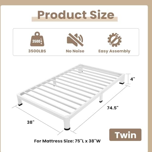ROIL 4 Inch White Twin Bed Frame Low Profile with Rounded Corner