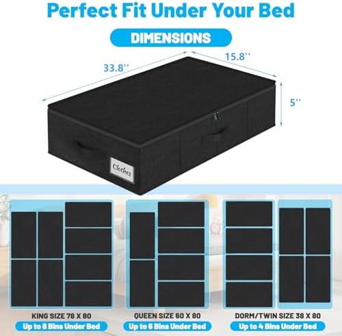 Under Bed Storage Container Bins 2 Pack, 5 Inch Thin Low Profile Underbed Clothes Storage Organizer for Dorm & Home, Use for Blanket and Toy Storage Box W/ Sturdy Bottom/Sides, Foldable Thick Fabric