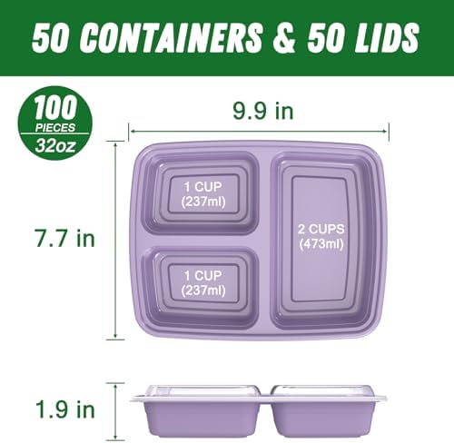 Dealusy 50 Pack 32 oz Meal Prep Containers with Lids 3-Compartment, Lilac