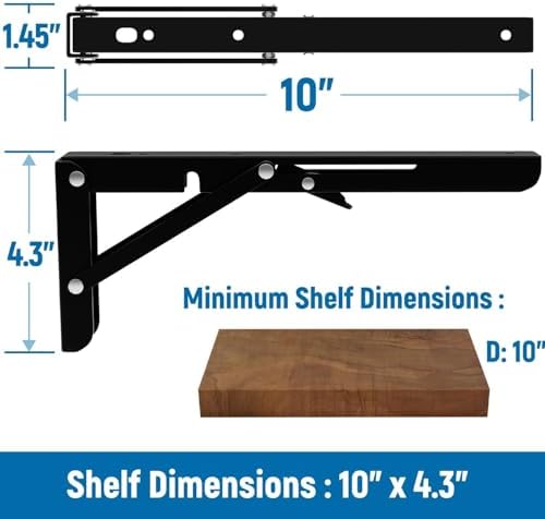 LEOPO 10 Inch Folding Shelf Brackets, 2 Pack Foldable Shelf Supports | Heavy Duty Triangle Wall Mounted Collapsible Brackets for Fold Down Table, Space Saving for Bench Table with Screws, Black