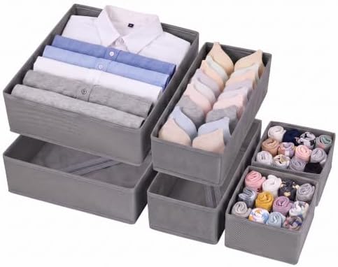 Drawer Organizer Clothes, 6 Pack Dresser Organizer Bins, Foldable Fabric Closet Organizers and Storage, Three Sizes Drawer Dividers for Baby Clothes, Underwear, Socks, Nursery, Bedroom, Gray